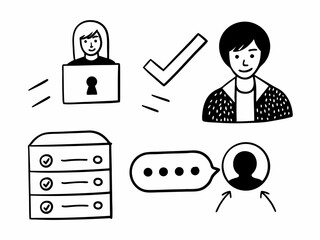 Hand drawn icons representing security success user profile tasks and communication