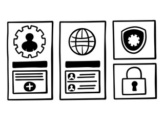 Hand drawn icons representing user profile global connection security and privacy concepts