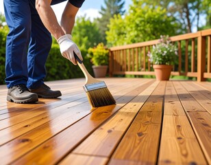 Person applying stain to a wooden deck