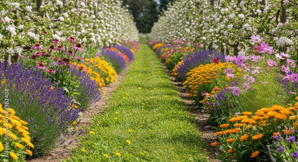 Poster medium shot focusing on orchard paths lined with blooming flora designed to guide bees and enhance p