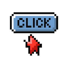 Pixelated blue button with the word click and a red pixelated cursor pointer