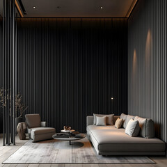 elegant minimalist living room with dark vertical panel walls and sleek neutral furniture