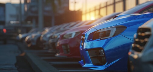 The vibrant blue car shines amidst a lineup of parked vehicles at sunset.