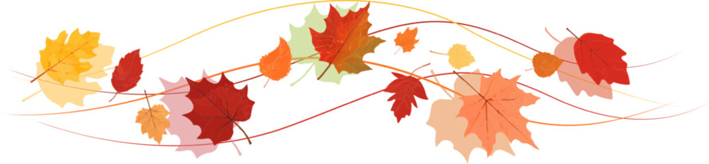 Autumn leaf border. Wave of falling leaves. Leaf fall . Autumn flying leaves . Watercolor leaves in the wind. Autumn leaves seamless border .	