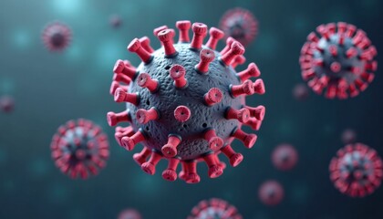 3D rendering of coronavirus particles under microscope with red spikes  
