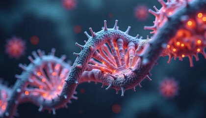 DNA helix structure with glowing virus particles in background  