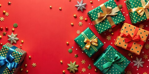 A Festive Arrangement of Wrapped Gifts and Holiday Decorations on a Red Background