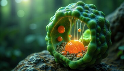 Organic green cell structure with orange nucleus and glowing elements  