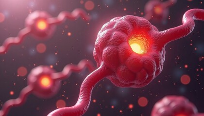Red human cells with filamentous structures on dark background  