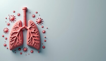 Anatomical model of lungs with bacteria on a blue background  