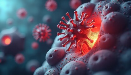 Microscopic view of virus cells with glowing highlights in dark background  
