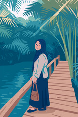Muslim woman in hijab walking on wooden boardwalk in tropical garden serene travel lifestyle relaxing afternoon blue sky palm leaves cultural diversity friendly tourism concept