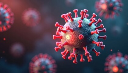 3D illustration of coronavirus particles in red and blue tones  