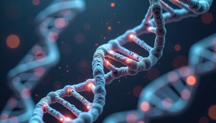Molecular structure of DNA with glowing elements in dark background  