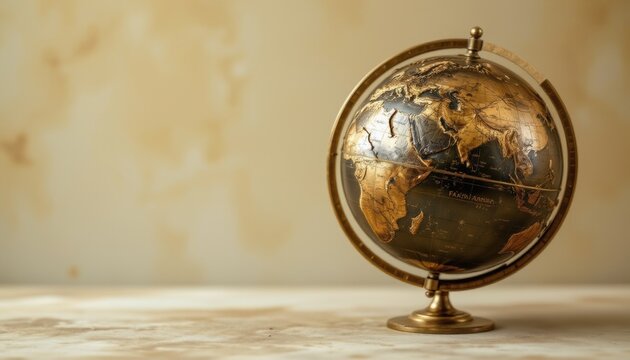 create a photo of a connected bronze earth glob in an artistic position, the globe should be positioned on the left side of the image