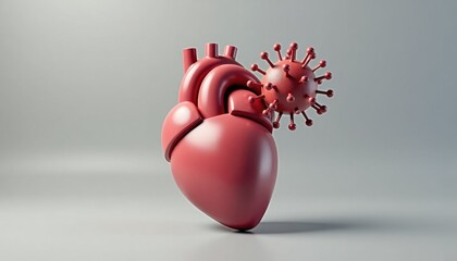 Red heart model with virus representation on grey background  