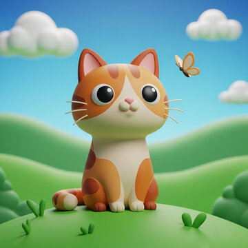 "Cute Cartoon Cat with Butterfly". A 3D of sweet cartoon cat sitting on green grass and watching a butterfly. This image is great for kids&rsquo; books, wallpapers, greeting cards, or fun cartoon designs.