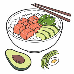 Hand-drawn illustration of a delicious Hawaiian poke bowl with fresh salmon, avocado, rice, and chopsticks. Healthy traditional Asian food concept sketch