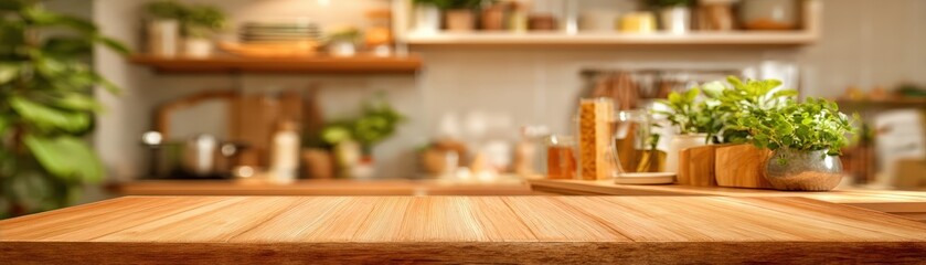 Bright modern kitchen interior with wooden countertops lush green plants open shelves and ambient lighting for cozy cooking space