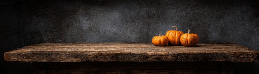 Old wooden table with rustic pumpkins and dark textured background for autumn harvest seasonal decoration