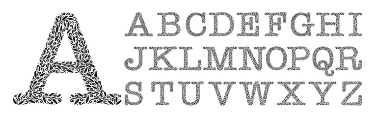Decorate ornamental alphabet. Vintage hand drawn monogram letters. Capital Letters with leaves, plants and flowers. Lettering isolated on white