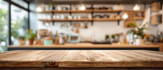 Wide empty wooden table in cozy modern kitchen with plants and natural light, rustic interior decor and organized shelves background