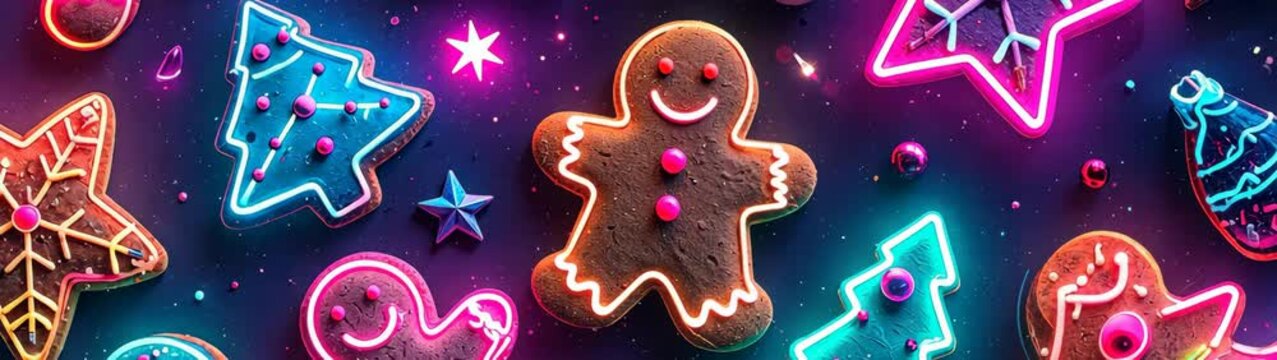 Festive gingerbread cookies with vibrant neon decorations create modern christmas scene.