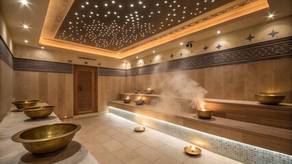 Interior of a hammam or turkish bath with bowls and steam and decorative ceiling and wall details