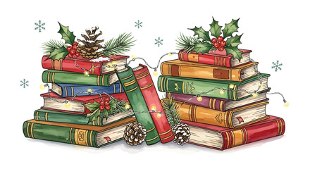 Stacked books adorned with festive holiday decorations.
