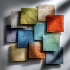 Fototapeta premium An assortment of colorful fabric samples arranged in a visually appealing manner, showcasing a variety of textures and hues, creating a captivating and artistic composition