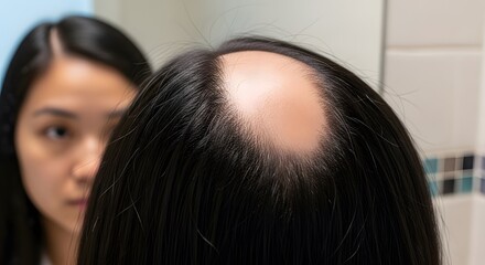 Obraz premium Hair Loss Concern A Close-Up of Thinning Hair and Scalp Visibility