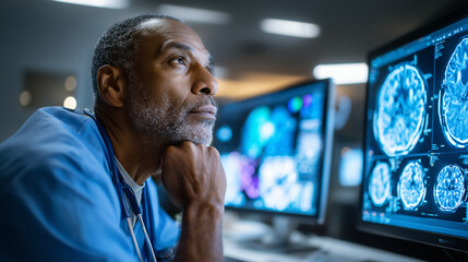 Surgeon sitting at workstation, chin resting on hand, brain scans glowing brightly in front of him.