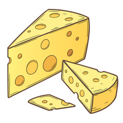 A hand-drawn vector illustration of various Swiss cheese wedges and a slice, isolated on a white background. Cartoon-style dairy food icon
