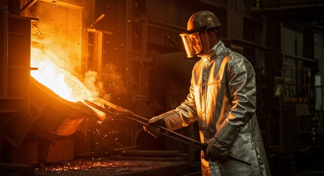 “Dramatic cinematic photo of a foundry worker in protective gear, handling molten steel with tongs, glowing furnace behind, ultra-detailed, full HD clarity.”