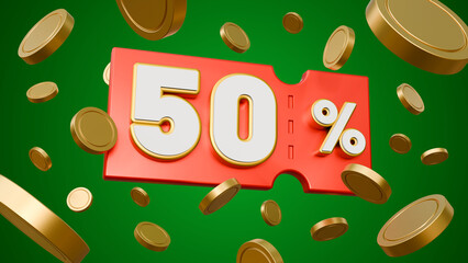 Gift voucher with coupon 50 percent isolated on a green background. Sale voucher coupon with gold coins for business promotion sales and discount online purchases. Tag label, sale banner. 