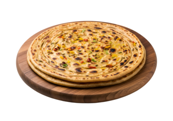 Two golden-brown layers of a vegetable paratha, cooked to perfection and displayed on a wooden platter, showcasing a delicious, homemade style.