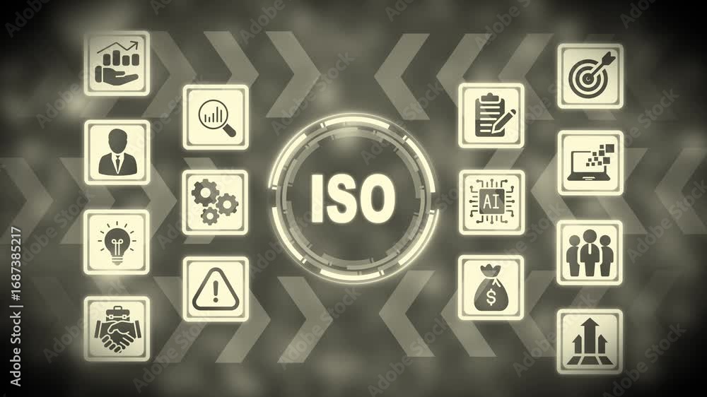 Poster iso certification concept with interconnected icons representing business processes and growth on a 