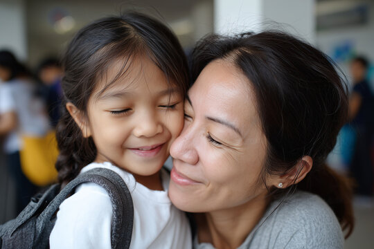 Child hugging teacher with gratitude, emotional portrait, 