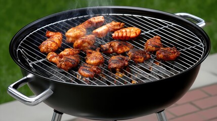 Grilling chicken wings and shrimp on an outdoor barbecue in a sunny backyard during a summer gathering