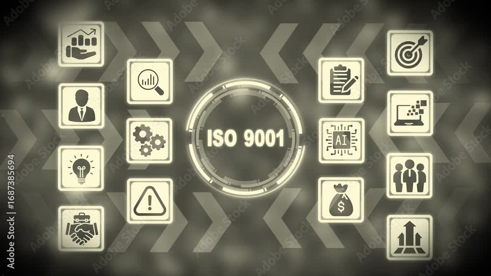 Poster iso 9001 certification concept with interconnected icons representing business processes and growth 