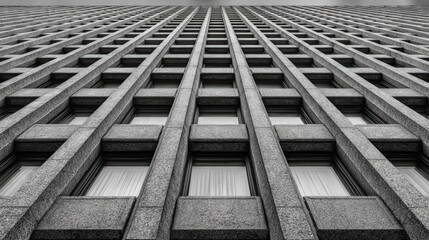 Tall modern office building facade with repetitive window pattern and textured concrete exterior in urban architecture style