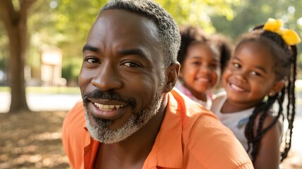 Joyful father with daughters enjoying sunny outdoor family time together, warm smiles and laughter