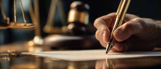 The elegant pen signing a legal document in a law office setting.