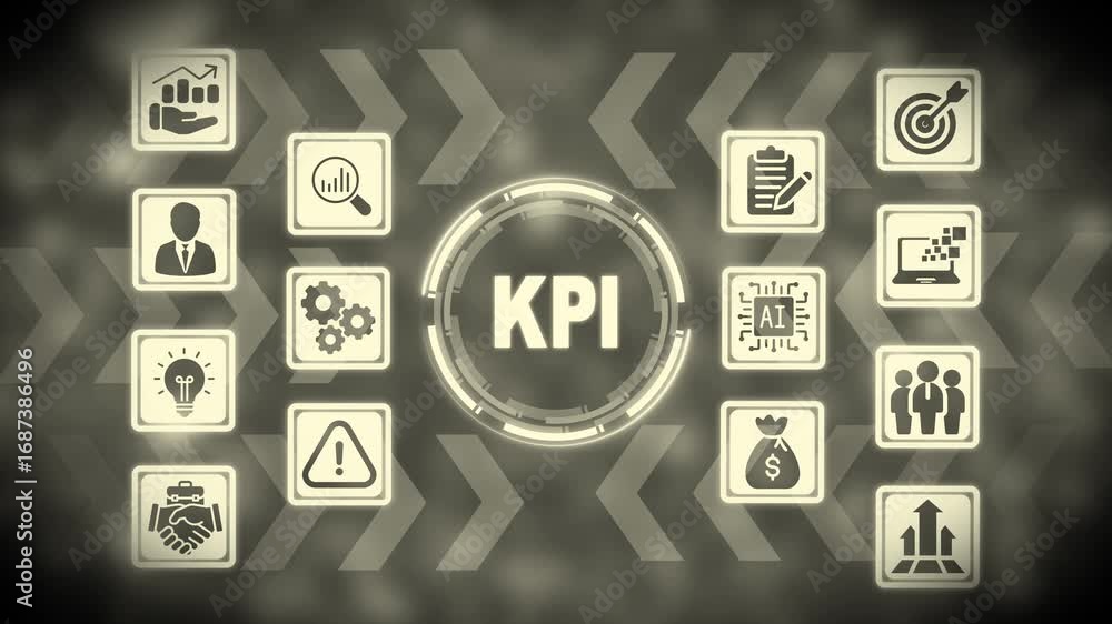 Poster key performance indicator kpi icons arranged around central text with arrows background business suc
