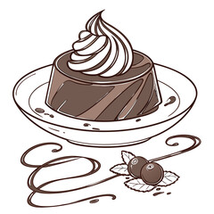 Hand-drawn sketch of a delicious chocolate pudding dessert topped with a swirl of whipped cream and a berry garnish