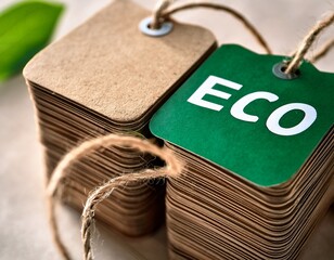 close up of a stack of paper tags with the word eco printed on them emphasizing sustainability and eco friendliness