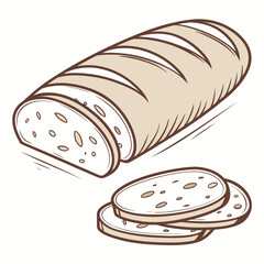 Hand-drawn sketch of a freshly baked loaf of bread with several slices cut and arranged in the foreground. Vector illustration of crusty white bread for bakery or food concepts