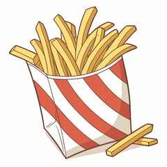 A delightful cartoon illustration of crispy golden french fries served in a classic red and white striped paper box