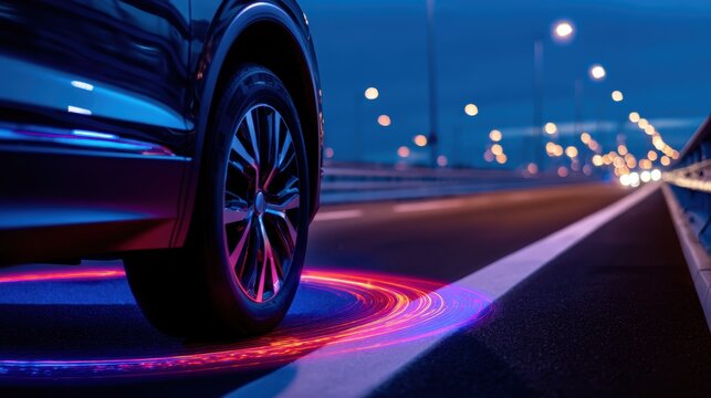 A sleek car wheel illuminated by vibrant lights on an urban highway at night, showcasing modern design
