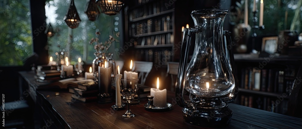 Poster soft candlelight and the glow of a lantern create a serene reading space filled with stacked books a